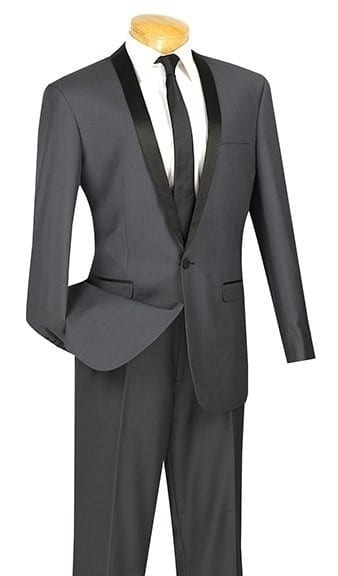 grey tuxedo with black shawl lapel