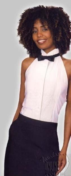 Women's Tuxedo Shirt Halter Top White Wing tip Collar Backless 