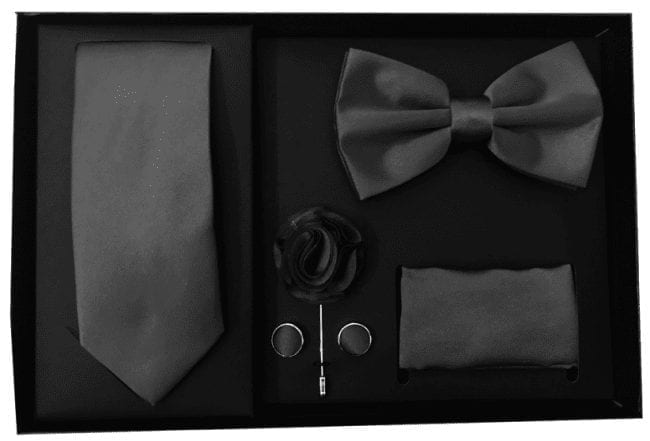 Mens Black 5 Piece Gift Box Set Tie Bow-Tie Lapel Pin Handkerchief and Cufflinks Black Mens